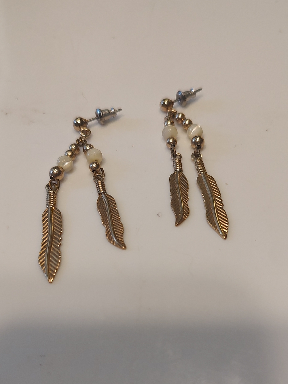 Vintage Gold Feather Drop Earrings with Pearl Beads